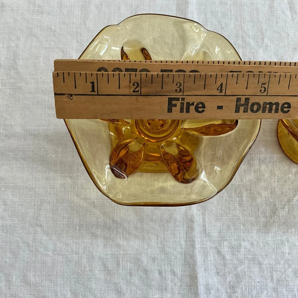 Vintage 2 Viking Amber Glass‎ Ruffled Flower Candle Holders MCM Honey Gold